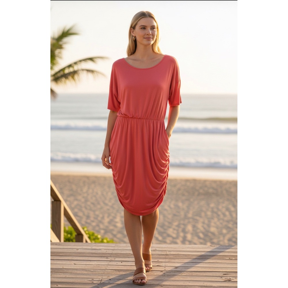 Coastal Athleta Resortwear Wool Midi Dress L Travel Beach Vacation Coral Comfort